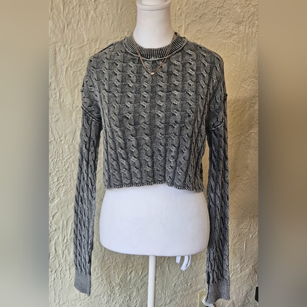Full Tilt Charcoal Cable Knit Cropped Sweater